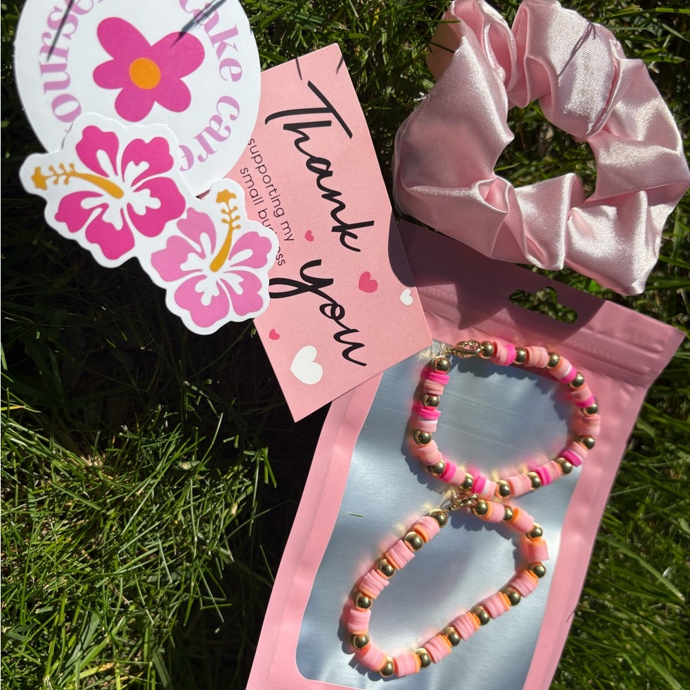 Pink Beaded Bracelet and Scrunchie Set